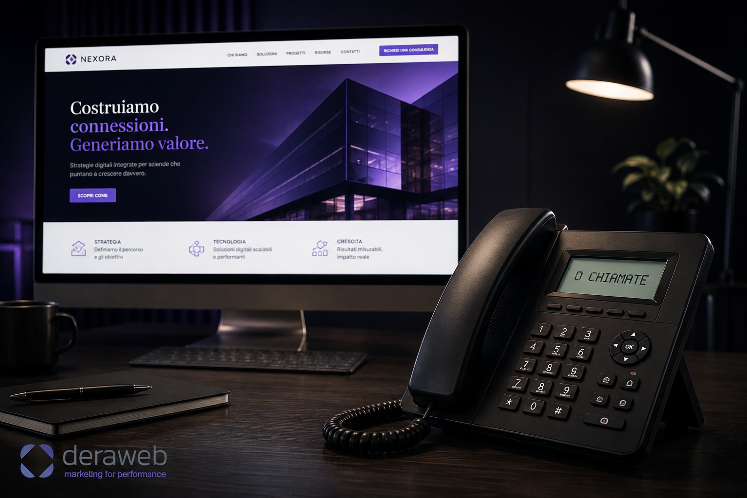sito web curato mostrato su uno schermo con un telefono spento accanto