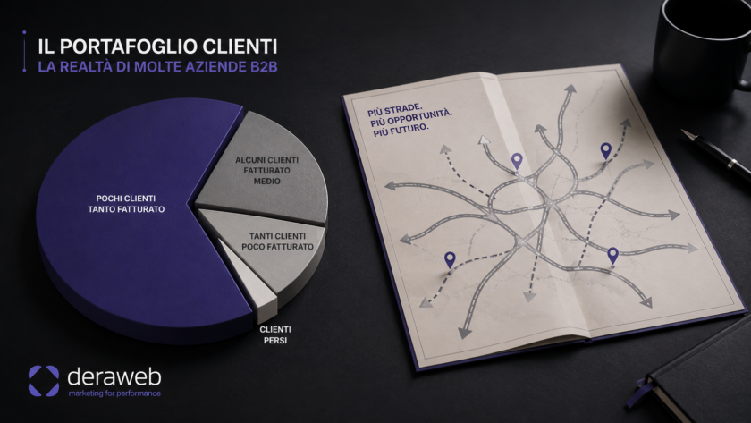 il portafoglio clienti come un cerchio diviso in poche fette molto disuguali, e accanto una mappa aperta con più strade possibili