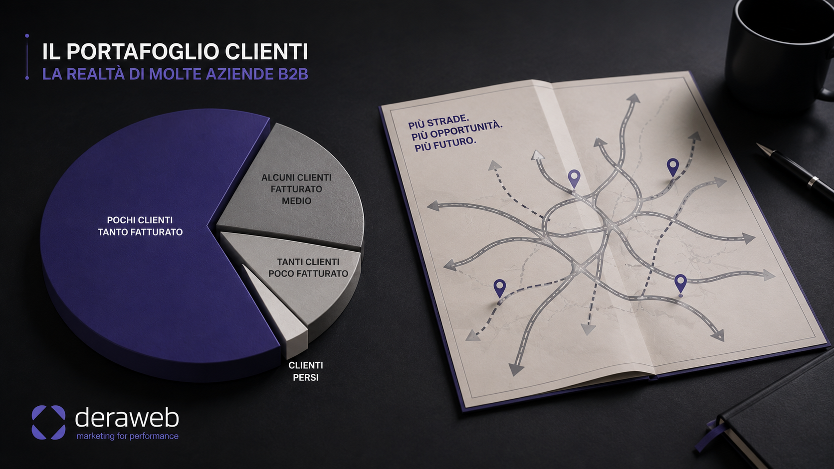 il portafoglio clienti come un cerchio diviso in poche fette molto disuguali, e accanto una mappa aperta con più strade possibili